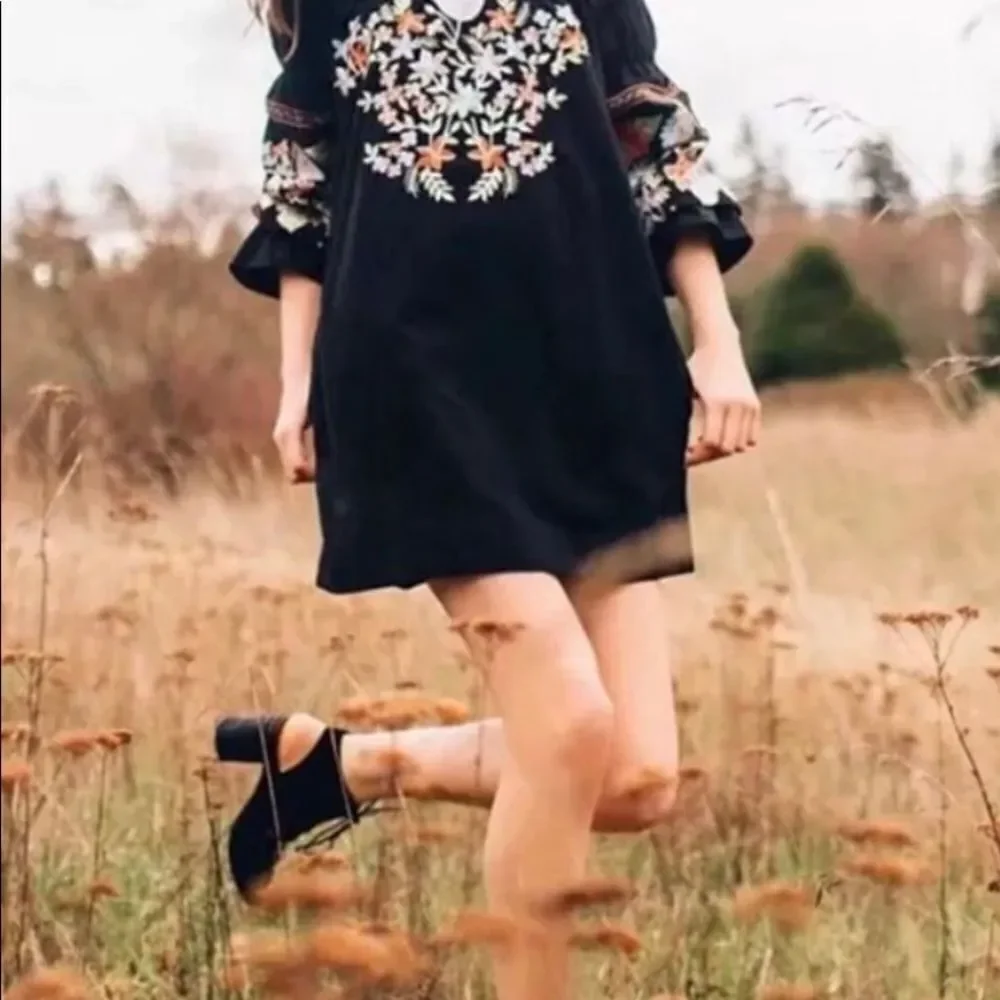 Free People Fluer Du Jour Black Dress Floral Multicolor Embroidery Med